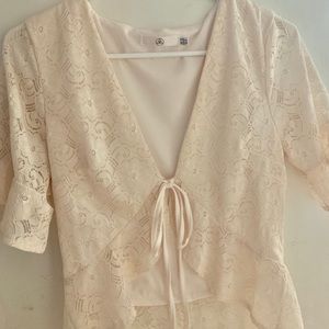 Missguided Cream Lace Ruffle Tie Top